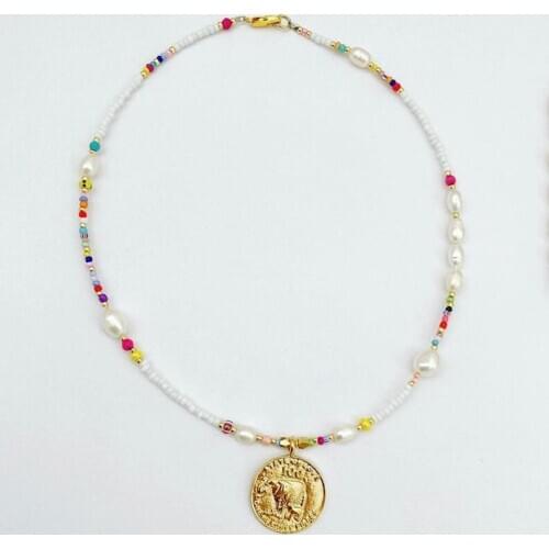 Boho style unique round coin pendant necklace colorful beads freshwater pearl handmade neck accessories for women charm choker