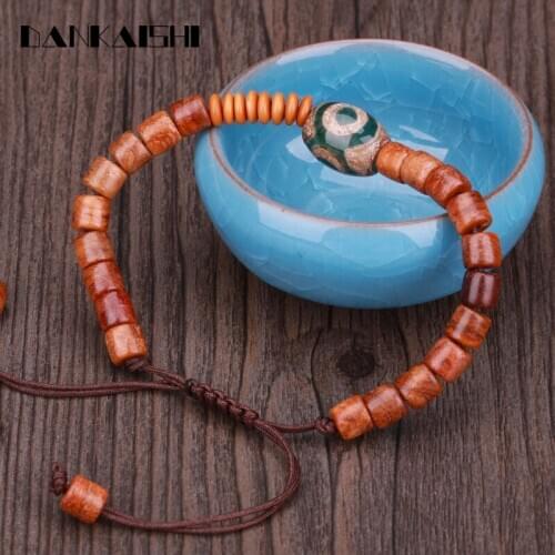 Grass Flower Pear Cylindrical Beads Bracelet Men Women Buddhistic Wood Braided Unisex Bracelet Adjustable Bangle For Women Men