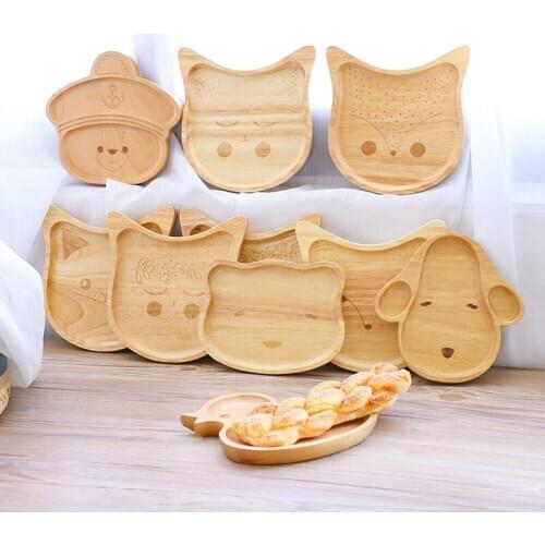1Pc Creative Cartoon Animals Baby Dinner Plate Kids Feeding Anti-heat Training Wooden Tableware