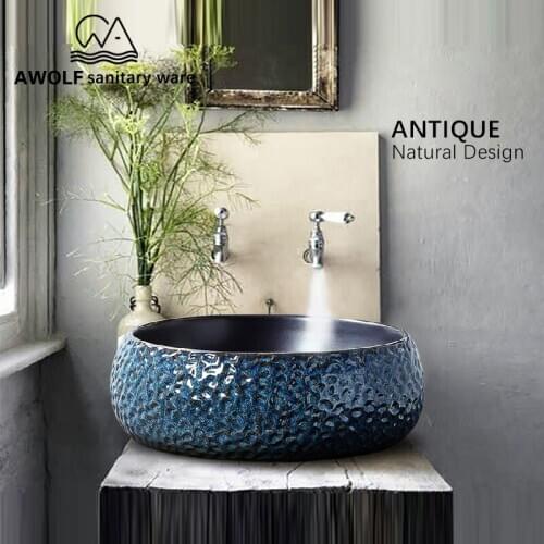 Art Bathroom Sinks Washing Basin Bowl 460*460*150mm Round Restoring ancient ways Ceramic Vessel Antique Lavatary Sink AM863