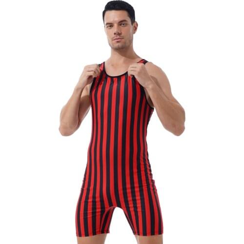 Sexy Wrestling Singlet Bodysuit Mens Striped Weight Lifting Stretchy Workout Fitness Gymnastic Leotard Outfits Athletic Jumpsuit