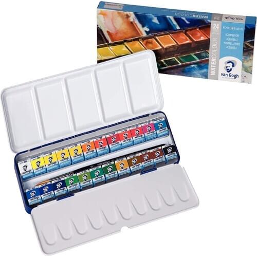 Royal Telens Van Gogh Watercolor Paint Set Metal Tin Half Pan Solid Water Colour Aquarelle For Artist Student Art Supplies