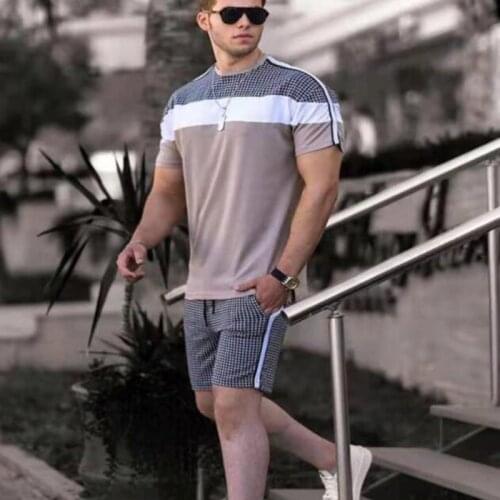 Summer Mens New High Street Trend Fashion Plaid Stitching Suit Street Outdoor Sports Slim Short-Sleeved T-Shirt 2-Piece Set