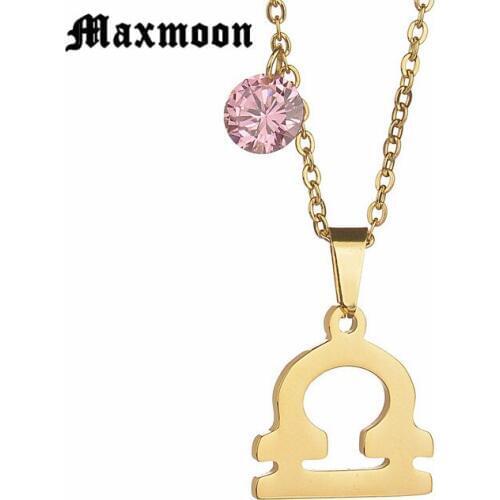 Maxmoon New Stainless Steel Libra Necklace Gold Color Meaningful Birthday Gift for Girl 12 Constellations Friend Pendant Jewelry