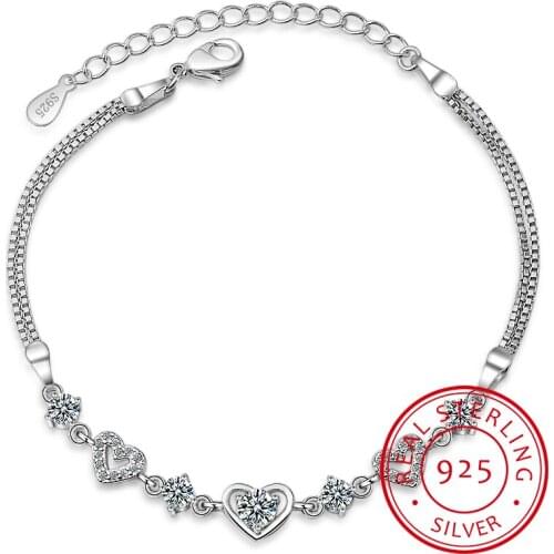Trendy Sweet Style Crystal Charm Bracelet Fashion 925 Sterling Silver Heart Bracelets for Women Girls Bride Wedding Party gift