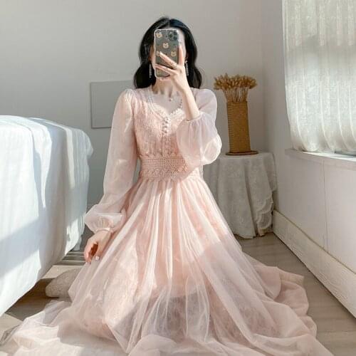 2021 Autumn New Sweet Lovely Gentle Elegant Slim Waist Temperament French Retro Mesh V-neck lace hook flower fairy dress