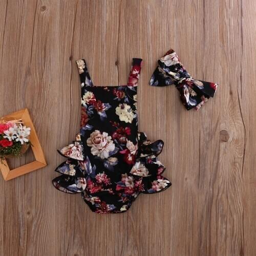 Pudcoco Newborn Baby Girl Clothes Summer Romper Floral Printed Sleeveless Backless Jumpsuit Bow Headband 2Pcs Outfits Casual