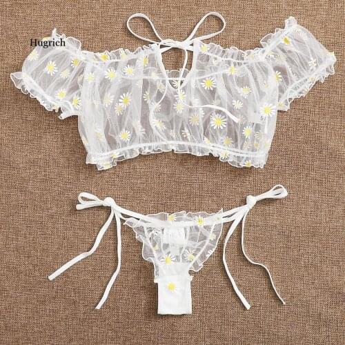 Sexy Women Underwear Ladies Erotic Embroidery Lace Lingerie Strapless Bowknot Thong Bra Set Sleepwear Pajamas Sleepwear