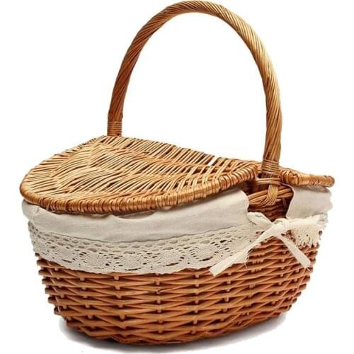 SHGO HOT-Handmade Wicker Basket with Handle, Wicker Camping Picnic Basket with Double Lids, Shopping Storage Hamper Basket with