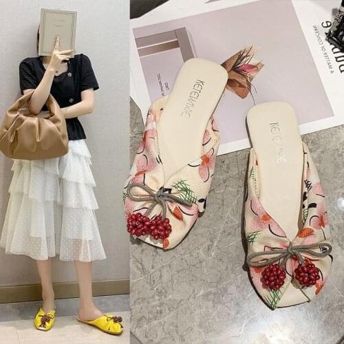 Cute fruit printing Designer Women Slippers Slip on Mules Low Heel Casual Shoes British Wooden Block Heels Summer Pumps Footwear