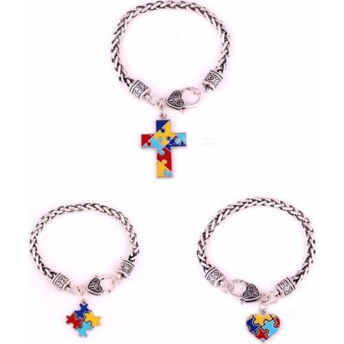 Skyrim Bracelets & Bangles Zinc alloy Enamel Autism Awareness Puzzle Piece Autistic charm bracelet