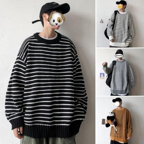 Autumn Winter Striped Sweater Mens Warm Fashion Casual Knitted Pullover Men Korean Loose O-neck Knit Sweater Mens Clothes M-2XL