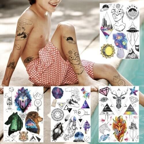 Waterproof Body Art Temporary Tattoos Sticker For Boys Girls Kids Tatoos Fake Space Wolf Fox Diamond Tatoos Realistic Painting