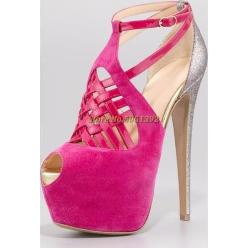 Suede Peep Toe Platform Pumps Ankle Buckle Cover Heel Thin High Heel Cut Out Rosy Red Black Runway Dress Pumps