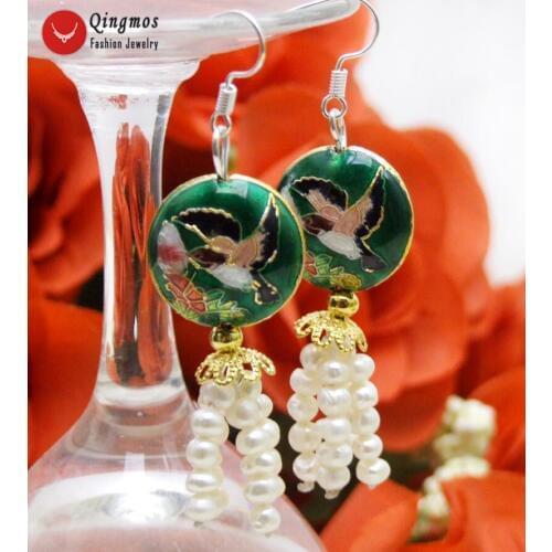 Qingmos Trendy Natural 4-5mm White Pearl & Cloisonne Women Earrings with Dark Green Cloisonne Hummer Dangle 2.5'' Earring-ear647