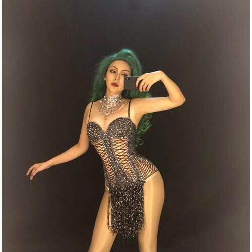 Women Sexy Stage Bodysuit Black Tassel Silver Sparkling Crystals Jumpsuit Nightclub Birthday Party Wear Singer Dance Costumes