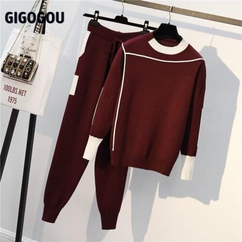 GIGOGOU Woman Sweater Suits Knit Casual Tracksuits Crewneck Pullovers+Drawstrings Elastic Pants Two Piece Sets Female Outfits