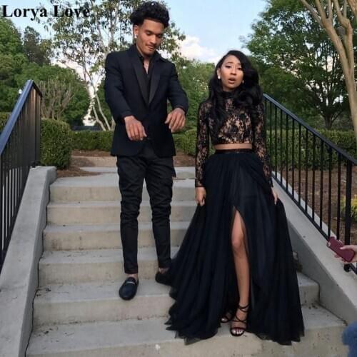 Black Lace Two Pieces Split Maxi Prom Dresses Long Sleeves Robes For Women Formal Party Night Vestidos Elegant Long Evening Gown