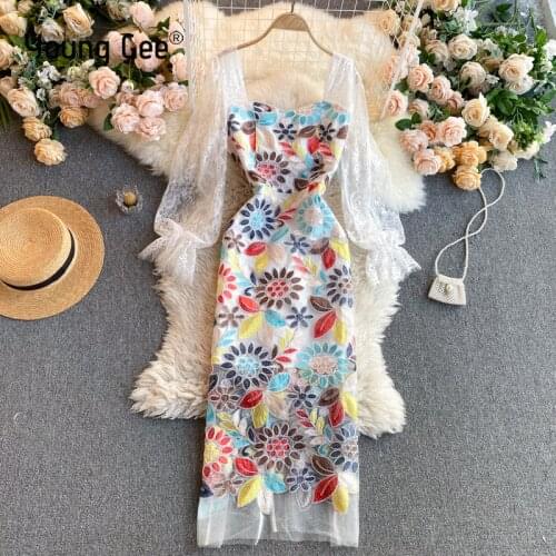 Young Gee Spring Summer Fashion Lace Dress 2021 OL Style Women Dress Long Sleeve Bodycon Female Slim Waist Maxi Dresses Vestidos