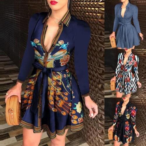 Fashion Floral Print Dress Women Deep V Neck Long Sleeve Peacock Flowers Print Bandage Mini Dress Casual Bodycon Party Dresses