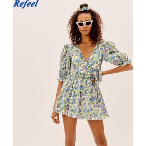 New Women Sweet Fungus Romantic Flower Print Dress Ladies Lantern Sleeve V Neck Holiday Party Vestido Mujer Summer Short Dress