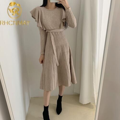 Fashion O-neck Ruffles Long-sleeved Female Knitted Dress 2020 Autumn Lace-up Slim Waist Women A-line Dress Casual Knit Vestidos
