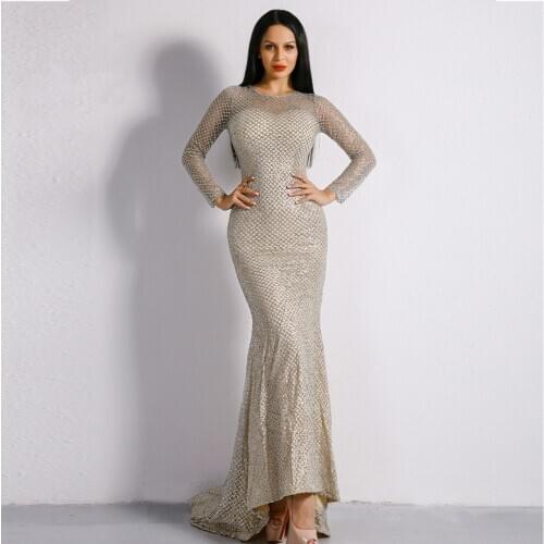 2020 Gold Gliter Long Sleeves Evening Dress Mermaid Beading Luxury Sexy Evening Gown for Women O-Neck Formal Dress Evening Gown