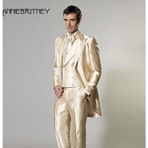 2018 Golden Vintage Tailcoat Elegant Man Suits Italian Suits Retro Tuxedo Double Breasted 3 Piece Handsome Men Blazer Jacket