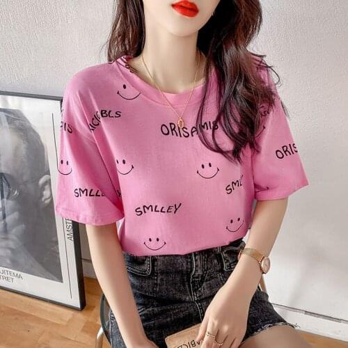 2021 Korean Smiley print Summer Fashion T Shirt Women Tops Loose Short sleeve Women Tshirt Tops Student Tops graphic t shirts