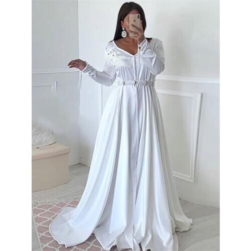 White Moroccan Kaftan Formal Evening Dresses with Full Sleeve Prom Special Occasion Gowns Lace Appliques Mother Dress 2020