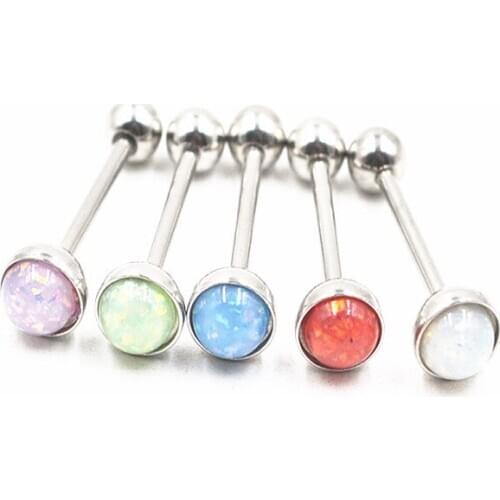 Free Shipping 50pcs Body Jewelry Piercing Opal Gems Sparking Tongue Ring Barbells Nipple Bar 14G~1.6mmx16mm Bar Mix Nice Colors