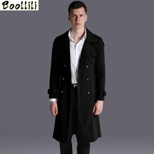 Boollili Mens Coat Long Windbreaker Plus Size Army Green Trench Coat Double-breasted Windbreakers For Men Abrigos Hombre