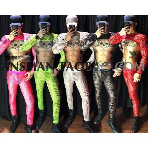 Sexy Fluorescence hollow-out mesh shirt pants costumes set Nightclub bar male singer dancer stage wear party show half suit set