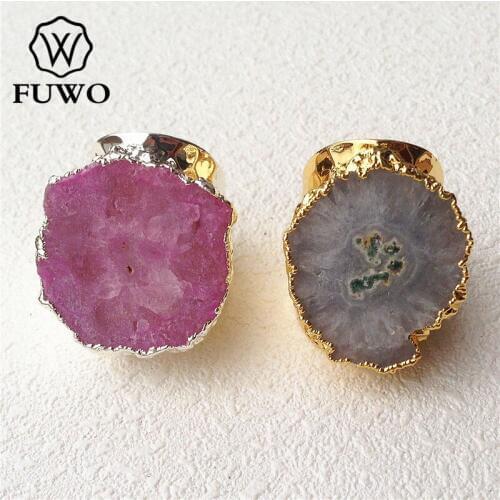 FUWO Solar Quartz Ring 24K Gold Electroplated Multicolor Flower Crystal Ring Adjustable Jewelry Wholesale RG008