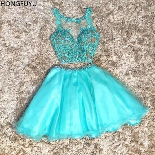 HONGFUYU Short Two Pieces Homecoming Prom Dresses 2021 Tulle Beading Party Gowns Scoop Lace Appliques Graduation Cocktail Dress
