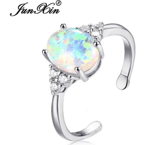 JUNXIN Silver Color Oval Purple/Blue Fire Opal Stone Resizable Rings For Women Inlay Crystal Opening Ring Jewelry
