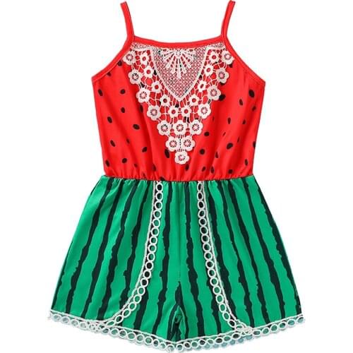 Toddler Baby Suspender Lace Jumpsuit Girl’s Rompers Fashion Watermelon Pattern One Piece Short Pants
