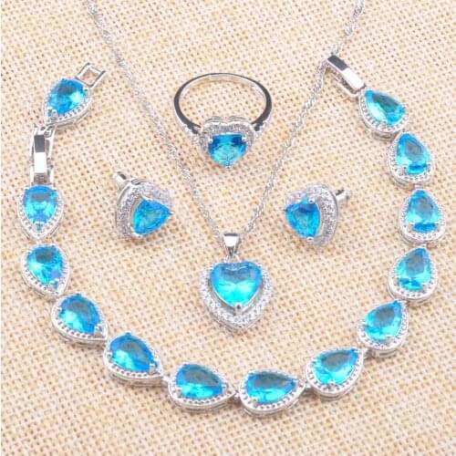 Jewelry Sets For Women Wedding Blue Crystal 2020 Fashion Heart Earrings Rings Bracelet Necklace christmas gifts Z0730
