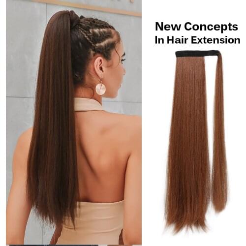 Brown Synthetic Long Wrap Around Straight Ponytail Hair Wig With Ponytail Fake Hair Chip-in Hair Extensions Pony Tail Wig