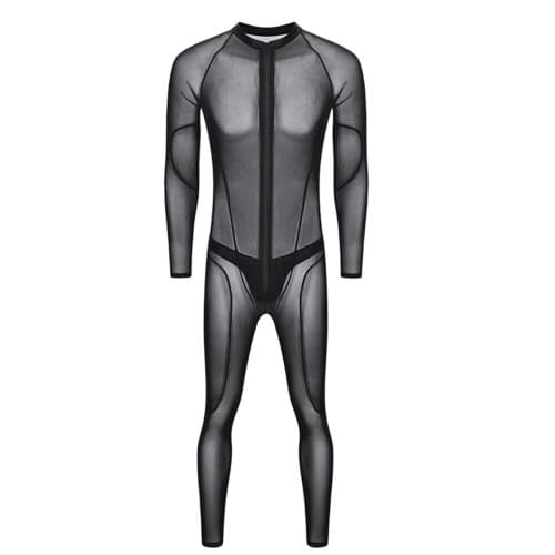 Mens Sexy Mesh Sheer Catsuit Jumpsuit Linigerie + Thong Long Sleeves Transperant Male Lingerie Extoic Party Nightclub Costumes