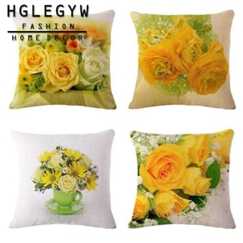 Pillow Case Throw Pillowcase Cotton Linen Printed Pillow Covers Rose for Office Home Free Yellow