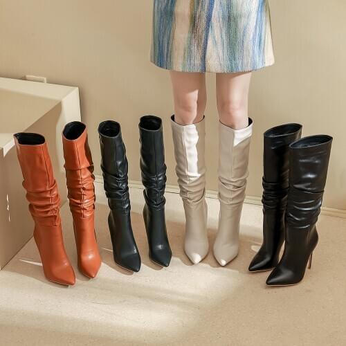 New Fashion Women Round Toe Faux Leather Knee High Thin Heel Boots Winter Slip-on sexy party High Heel Long Boots Charming Boots