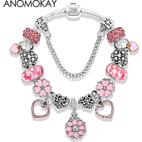 Romantic Pink Heart Pendant Charm Bracelets & Bangles Cute Pink Enamel Flower Bead Bracelets for Women Girl Diy Jewelry Gift