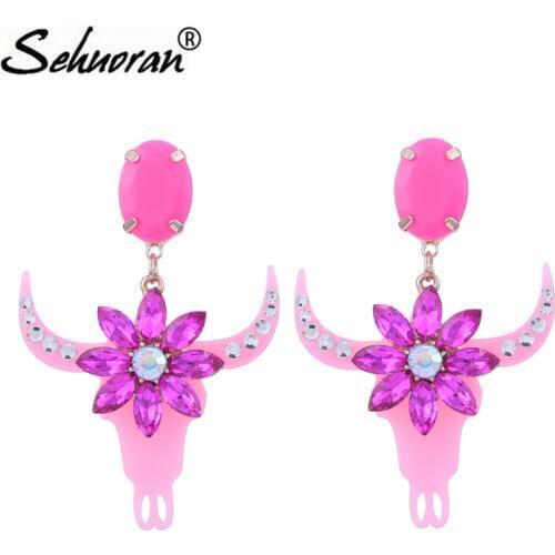 Sehuoran Bull Head Zinc Alloy Crystal Accessories Drop Earrings Aretes Bohemian Pendients Oorbellen Women Jewelry Party Brincos