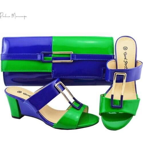Royal Blue With Green Summer Style Slippers And Matching Bag Set Fashion 7CM High Heels Shoes And Bag Set For Wedding