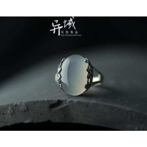 [Moisturizing.].] Thai Silver 925 Sterling Silver Ornament Handmade Inlaid White Chalcedony Carved Vintage Ring Rings