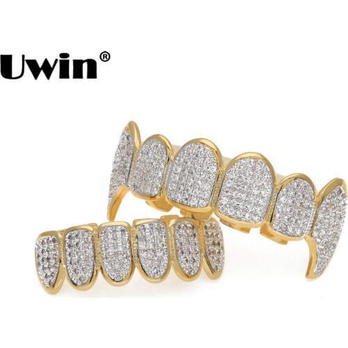 Uwin Micro Pave Cubic Zirconia Silver Color Teeth Grills Hiphop Rocker Halloween Iced Out Caps Top&Bottom Fang Grills Set