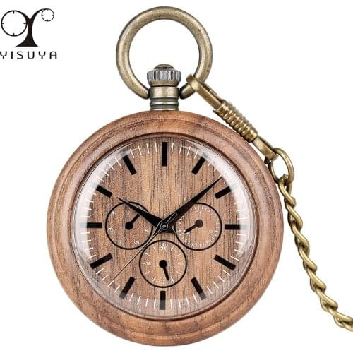Vintage Walnut Wood Quartz Pocket Watch Decor Small Dials Display Natural Wood Open Face Pendant Bronze Chain Pocket Timepiece