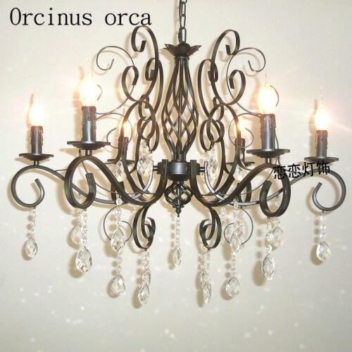European style iron black crystal chandelier living room dining room bedroom staircase balcony bronze lamp free shipping