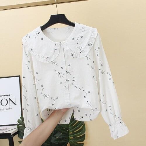 Women Blouse Autumn Cotton Linen White Womens Relaxed-Fit Doll Collar Long-Sleeved Coat Puff Sleeve Top Blusas Mujer De Moda